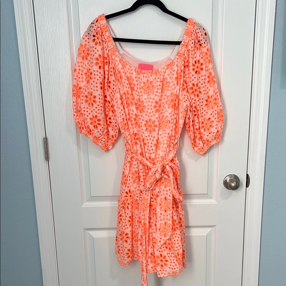 Lilly Pulitzer Coral Eyelet Puff-Sleeve Dress